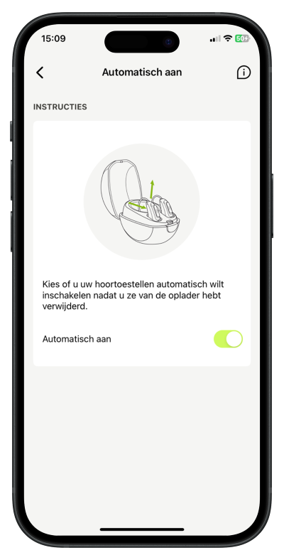 Smartphonescherm met de instellingen van de myPhonak-app voor de Auto-On-functie van Phonak-hoortoestellen