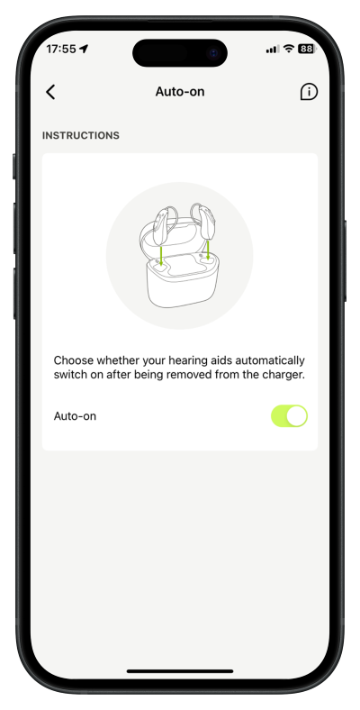 Smartphone screen featuring the myPhonak app settings for the Auto-On function of Phonak hearing aids