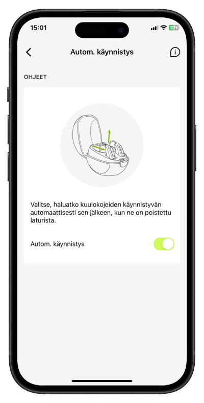 Älypuhelimen näyttö, jossa näkyvät myPhonak-sovelluksen asetukset Phonak-kuulokojeiden automaattiselle käynnistystoiminnolle