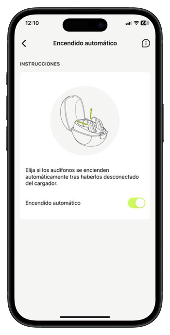Pantalla de teléfono inteligente con la configuración de la aplicación myPhonak para la función de encendido automático de los audífonos Phonak