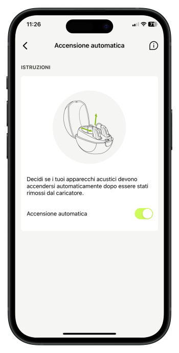 Schermata dello smartphone con le impostazioni dell'app myPhonak per la funzione di accensione automatica degli apparecchi acustici Phonak