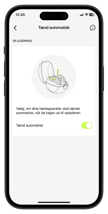 Smartphone-skærm med myPhonak-appens indstillinger til automatisk tænding af Phonak-høreapparater