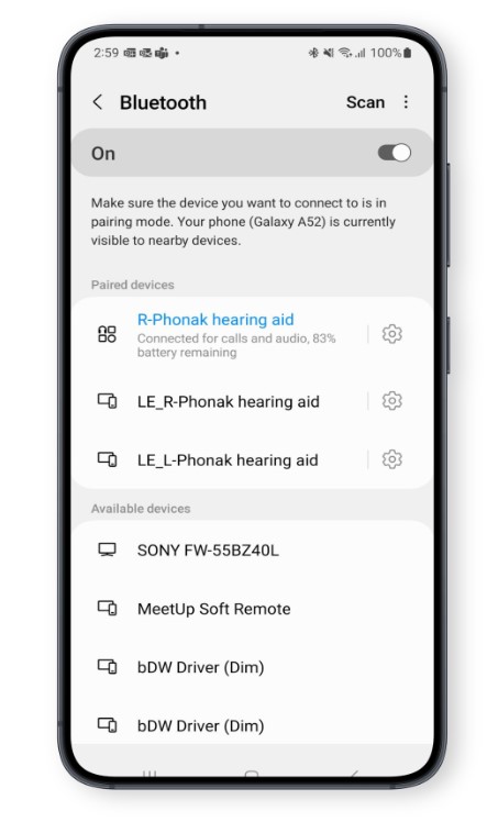 Screenshot of Bluetooth paired devices on Android