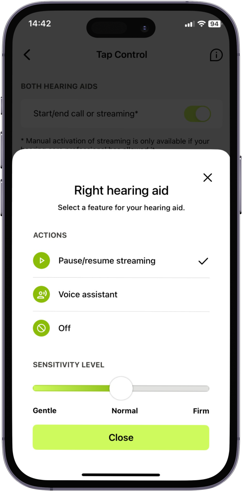 Skärmbild av en mobilapp som visar 'Tap Control'-inställningarna för Phonak hörapparater