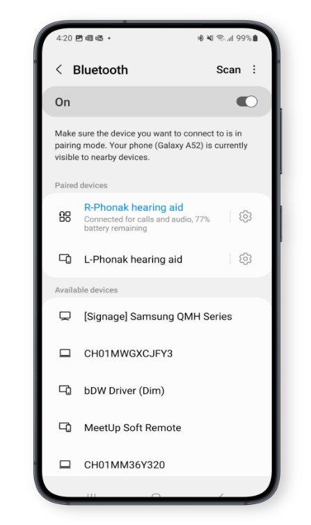 Screenshot of Bluetooth paired devices on Android