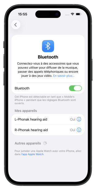 Capture d'écran des paramètres Bluetooth du téléphone