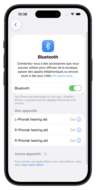 Capture d'écran des paramètres Bluetooth du téléphone