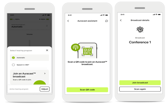 Screenshots from myPhonak app presenting how to use Auracast