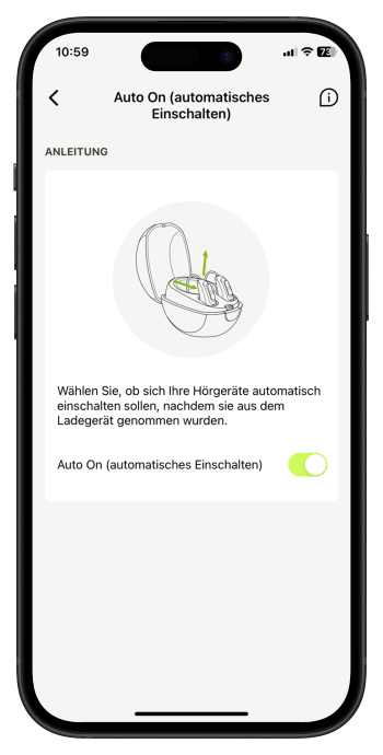 Smartphone-Bildschirm mit den myPhonak-App-Einstellungen für die Auto-On-Funktion von Phonak-Hörgeräten