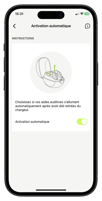 Écran du smartphone présentant les paramètres de l'application myPhonak pour la fonction Auto-On des aides auditives Phonak