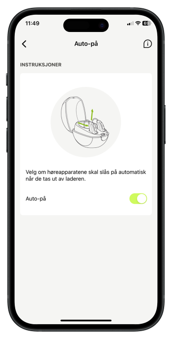 Smarttelefonskjerm med myPhonak-appens innstillinger for automatisk på-funksjon på Phonak-høreapparater
