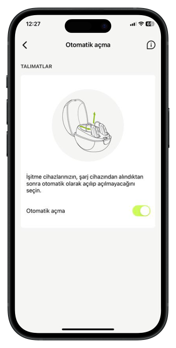 Phonak işitme cihazlarının Otomatik Açma işlevi için myPhonak uygulama ayarlarını gösteren akıllı telefon ekranı