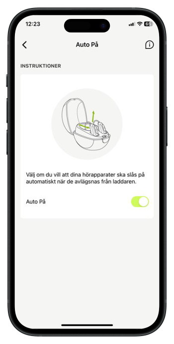 Smartphoneskärm med myPhonak-appens inställningar för automatisk påslagning av Phonak-hörapparater